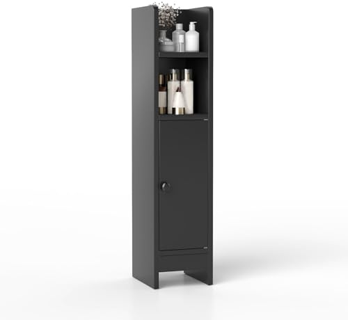 COSTWAY Mobiletto Bagno Salvaspazio in Legno per Spazi Ridotti, Nero | Colonna a Bagno con Porta e Ripiani Regolabili per Porta Carta Igienica, Ideale per Bagno e Cucina