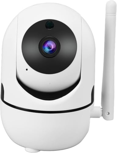 Telecamera di sicurezza Wi-Fi FHD 1080P con visione notturna, allarme di movimento, citofono vocale, controllo tramite app, rotazione 355°, USB, Wi-FI 2.4G, ideale per interni, design compatto bianco.