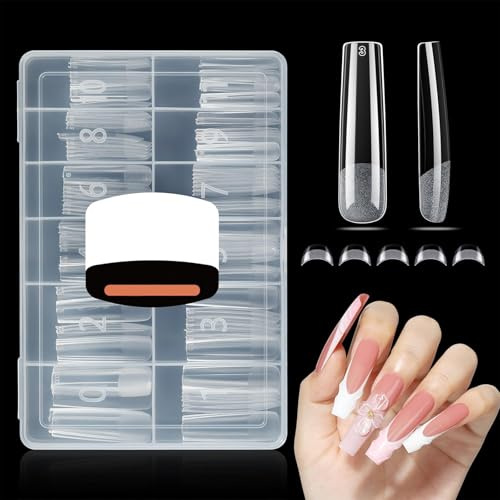 Auroriel 120 Pieces XXL Extra Long Square Pre-Filed Nail Tips Full Coverage Clear Soft Gel Tips for Acrylic Nail Extension 12 Sizes No C-Curve Reusable
