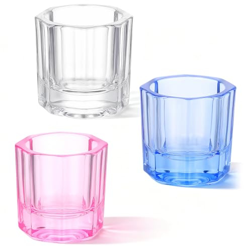 3 PCS Dappen Dish Cups for Nail Art Acrylic Liquid, Glass Nail Monomer Container, Pink Blue Clear Dappen Dish for Nails Polish Remover Glass Cup