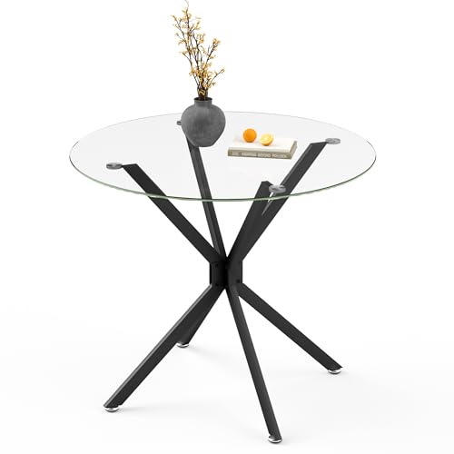 Gecheer Runder Esstisch 90cm, Metallbeine Glasplatte für Esszimmer und Wohnzimmer Schwarz