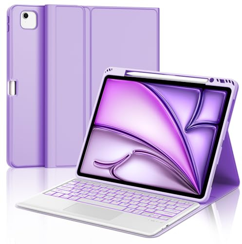Occtingkind Hülle mit Tastatur für 13 iPad Air (M4/M3/M2)& Pro 12.9 QWERTZ | Mit 7-Farben Beleuchtung & Touchpad - Premium für maximale Produktivität, Für iPad Air 13 Hülle mit Tastatur Helllila