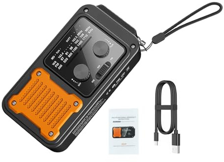 Eacam Radio d'urgence 7 en 1, Radio D'alerte Météo NOAA à Manivelle Solaire avec Lampe Torche, Batterie Externe, Alarme SOS et Boussole pour la Survie en Camping et Pleine (d'urgence)