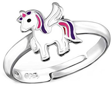 FIVE-D Kinderring Einhorn Pferd Grösse einstellbar aus 925 Sterling Silber (Lila-Pink)
