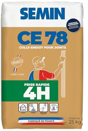 Semin A00640 CE 78 Rapide, Enduit pour Réaliser les Joints de Plaques de Plâtre, Temps de Prise 4 Heures, Intérieur, Sac de 25 kg