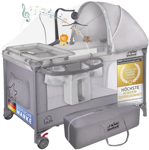 all Kids United® Baby Reisebett Babybett - Babycenter Kinderreisebett Kinderbett mit Matratze, Wickelauflage, Musikspiel und Mobile (Grau)