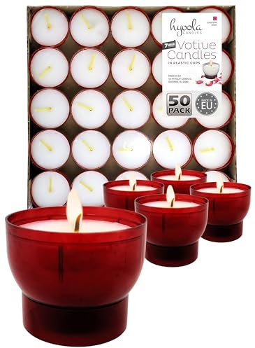 Hyoola Lot 50 Bougies Chauffe Plat - Chauffe Plat en Vrac dans un Gobelet en Plastique Rouge - Combustion de 7 Heures - Bougies Blanches Non Parfumées - Fabriquées en Europe