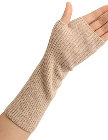 Prettystern Damen mid-lange Kaschmir Pulswärmer Arm-Stulpen fingerlose Ripp-Strick Handschuhe Beige