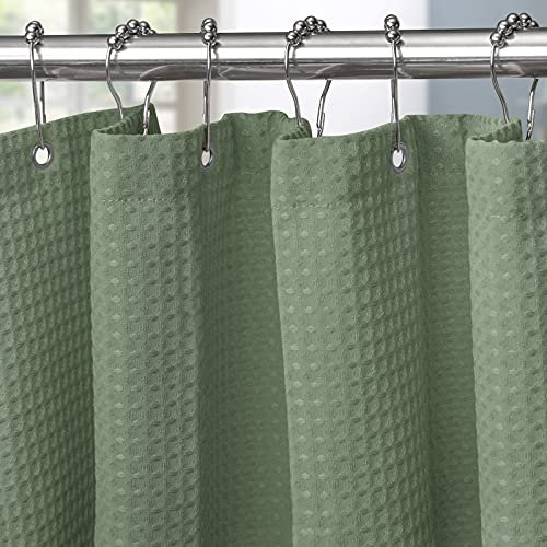 Waffel Duschvorhang mit Metall Duschvorhangringe Stoff Textil Badewannenvorhang Anti Schimmel Bad Vorhang Set Wasserdicht Badewanne Vorhang Schwerer Shower Curtain Badezimmer - 182 x 182cm (Grün)