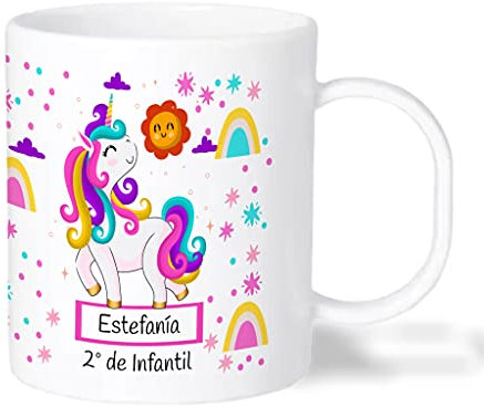 Bee Ingenious Taza PLÁSTICO personalizada. Tazas nombre Vuelta al Cole infantil. Tazas unicornio personalizada. Tazas desayuno niños. Varios Diseños a Elegir. Colección: Unicornios
