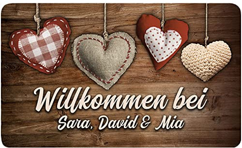 Ferocity PERSONALISIERTE Fußmatte Matte Lustiger Fußabstreifer; Waschbarer Fußabtreter für Innen und Außen vor der Tür, ins Haus, zum Auto Motiv Holz und Textil Herzen [140]