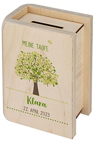 Herz & Heim® Holz Spardose mit Wunschdaten personalisiert, zur Kommunion, Taufe und Co. Grün