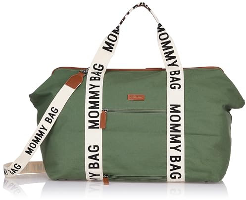 Childhome, Mommy Bag, Wickeltasche, Kliniktasche, Reisetasche, großes Fassungsvermögen, Wickelauflage, verstellbarer Schultergurt, unterteilt, Isoliertasche, Durchgang für Koffer, Grün, Signature