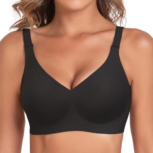 Vinfact Nahtloser BH Damen Ohne Bügel Push up Große Brüste Starker Halt V-Ausschnitt Bügelloser Seamless Bequem T Shirt Schlaf BH(BK,S)