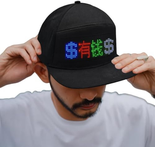 Bewinner LED Cap, Anpassbare LED Anzeigekappe, Unterstützt Telefon APP Verbindung, RGB Licht Led Mütze für LED Party Accessoires, Halloween Karneval Konzertspiel Im Freien (schwarzer Hut)