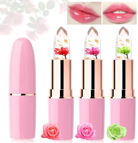 Desing Wish 3 Stück Blumen Lippenstift Set Temperaturempfindlicher Faebverändernder Pink Magic Lip Farbwechselnder Lippenstift Crystal Jelly Color Changing Flower Lipstick Lip Balm Geschenk Mädchen