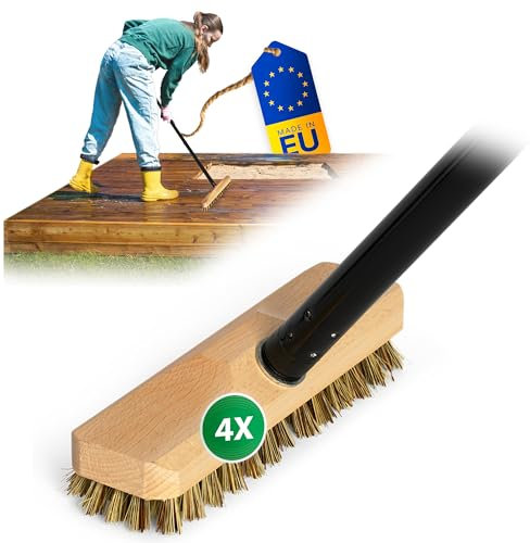 Novaliv 4 Estropajos de Madera Con Cerdas Union y Mango de Rosca - Cepillo Para Suelo, Interiores y Exteriores - Cepillo de Raíces