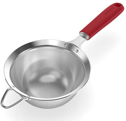 U-Taste Medium Fine Mesh Sieve: 18/8 Stainless Steel 12cm Kitchen Sieve and Strainer with Riveted Sturdy Silicone Handle, Great for Sifting Flour, Straining Tea, Rice, Quinoa (Red)