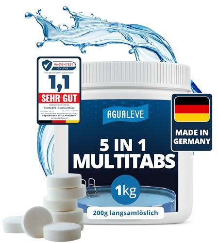 AGUALEVE® 5 in 1 Chlor Multitabs 200g langsamlöslich 1kg *NEU* | für Pools jeder Art ab 25.000 Liter Wasser | Desinfektion, Algenschutz, Flockung, pH-Stabilisierung & Klareffekt | Made in Germany