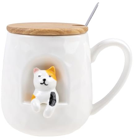 lachineuse - Mug Chat - Relief 3D - Happy Cat - Porcelaine, Bois, Métal - 380 ML - Avec Couvercle et Cuillère - Tasse Café, Thé, Chocolat, Cappuccino - Idée Cadeau Originale