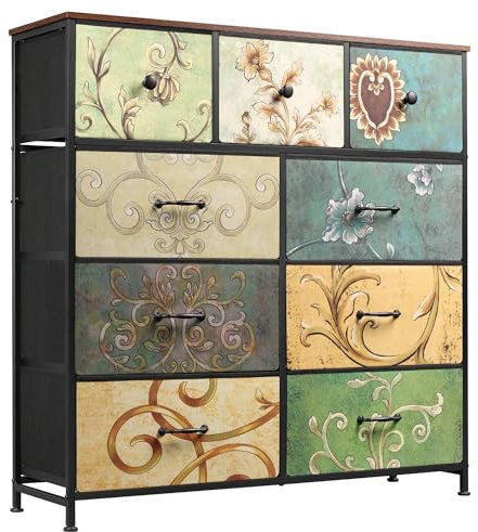 WLIVE Kommode mit 9 Schubladen aus Stoff, Kommodenschrank für Schlafzimmer, Kommode Wohnzimmer, mit Stabiler Stahlrahmen, Vintage-Druck