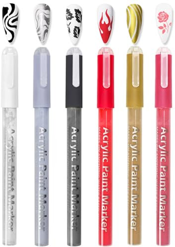 6Pcs Nail Art Pens, Nail Varnish Graffiti Pen Set, Nail Drawing Quick Dry Fine Tips Polish Dotting Pen Kit, Nail Drawing Painting Liner Brush for Beauty DIY Decoration Dot Line Pattern Manicure Tools