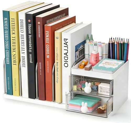 Luabue Desk Organiser with File Holder, Detachable Desk Tidy Organiser Large Capacity Stationery Organiser with Bookends Pen Holder, Plastic Stationery Storage Box for Office School Supplies