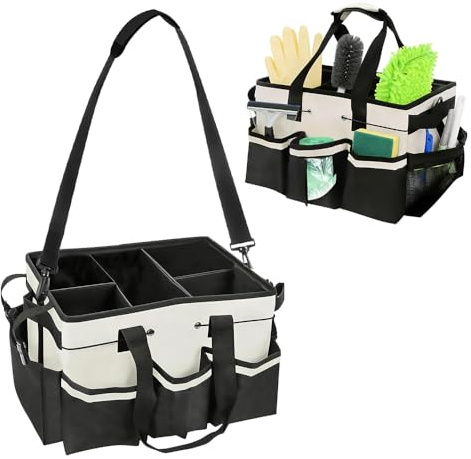 RNPKZ Cleaning Caddy Bag, Cleaning Caddy Organiser with Handle, Adjustable Shoulder Strap & Multiple Pockets, Large Multi-Compartment Cleaning Products Organiser for Housekeeper Car Detailing (White)