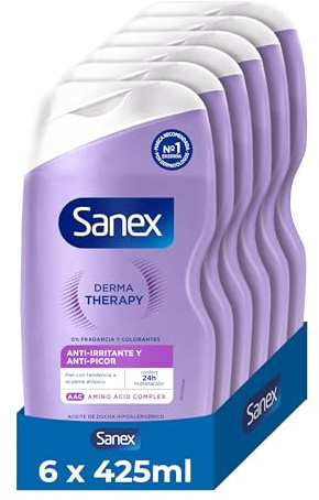 Sanex Derma Therapy, Aceite de Ducha Anti-Irritante, Pack 6x425ml | Aceite de ducha piel atópica, Reduce irritación en 3 días, Hipoalergénico, Hidratación 24 horas, 90% Natural, 0% Sulfatos