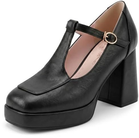 Eestfy Talons À Plateforme Rétro Femme T-Bar Bout Carré Escarpins Mary Jane Talon Bloc Chunky Chaussures Habillées Vintage Chaussures Dark Academia Mode Académique Et Weekend