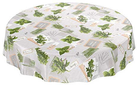 ANRO Tischdecke Wachstuchtischdecke Wachstuch Wachstischdecke pflegeleicht abwaschbar Kräuter Grün Beige Bio Basilikum Rund 100cm eingefasst