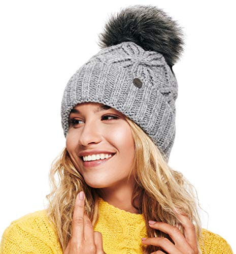 ELIMELI Damen Winter Mütze warme Strickmütze Wintermütze mit Bommel Slouch Strick Beanie Damen für Winter Bommelmütze Hergestellt in EU Farbenauswahl 19531 (Grau)