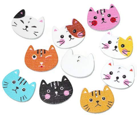 60 Stück Holzknöpfe Katze 20 x 16 mm, 2 Löcher a 1,5mm - Knopfdicke: 2,8mm Katzenmuster Katzenform Knöpfe zum annähen nahen scrapbooking