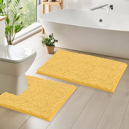LuxUrux Bath Mat Set - Non-Slip Bathroom Mat and Square Cut-Out Pedestal Mat for Toilet - Perfect for Modern Bathroom Décor. (Yellow, 50 x 80 cm + Square Shaped 50 x 50 cm)
