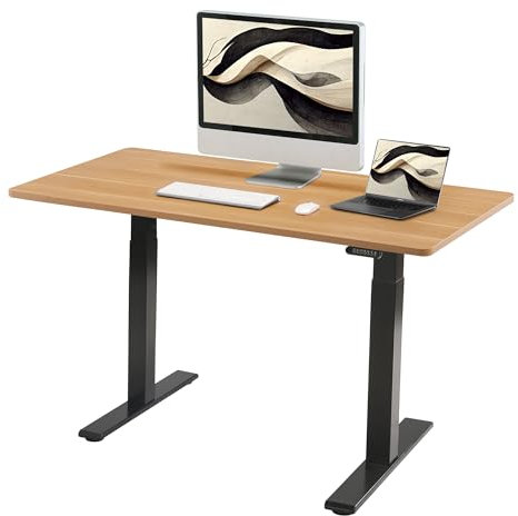 E.For.U® höhenverstellbarer Schreibtisch 140x80 cm, 2 Motoren, elektrisch höhenverstellbares Tischgestell mit 2-Fach-Teleskop, Memory-Steuerung (Schwarz), DT20L mit Tischplatte (Buche)