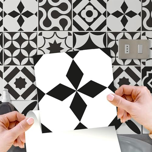 WALPLUS 24 Pcs 15cm(6) Tile Stickers Peel and Stick Backsplash Self-Adhesive Removeable Stick on Wall Vinyl Home Decoration DIY for Living Kitchen Bedroom Splashbacks - Ross Black and White