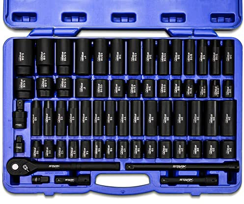 Stark Elite 1/2 Drive Master Impact Socket Set, 65-Piece Deep & Shallow Socket Assortment SAE (3/8 to 1 1/4) & Metric(10mm to 24mm) Adapters + Ratchet Handle Included