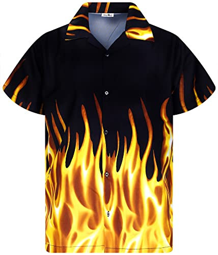 King Kameha Funky Hawaiian Shirt, Men, Shortsleeve, Flames, Yellow, S