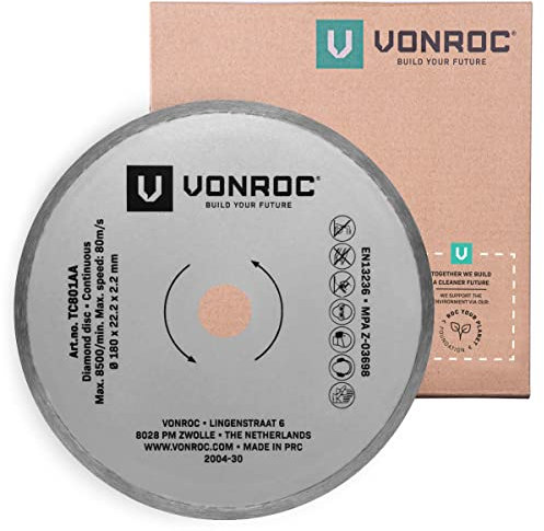 VONROC Disque Diamant Continu 180mm - Dimension 125 x 1,2 x 22,2 mm - Précision de Coupe Universelle pour Carreaux, Dalles, Pierre, Béton et Céramique - Disque Universelle