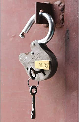 Preproduction Antique Padlock Lock for Old Trunk, Wine Rack, Shade, Barn, Gate, with Two Skelton Keys Vintage Look (Wine Cellar)