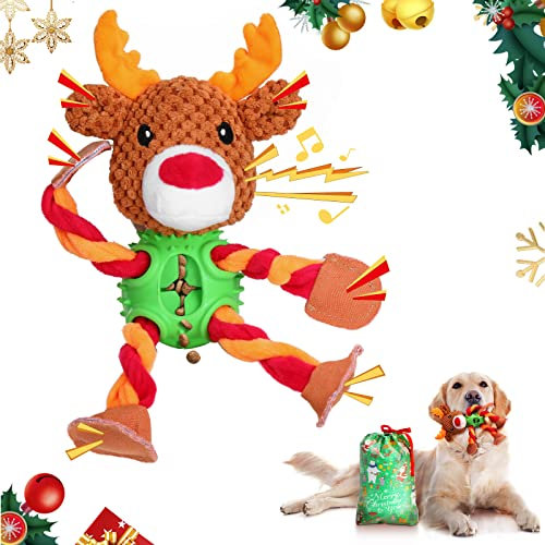 Lewondr Weihnachten Hunde Plüschspielzeug, Hund Zahnreinigung Kauspielzeug Quietschspielzeug, Interaktives Waschbares Hundespielzeug Klein Mittel Hunde Welpen - Elch