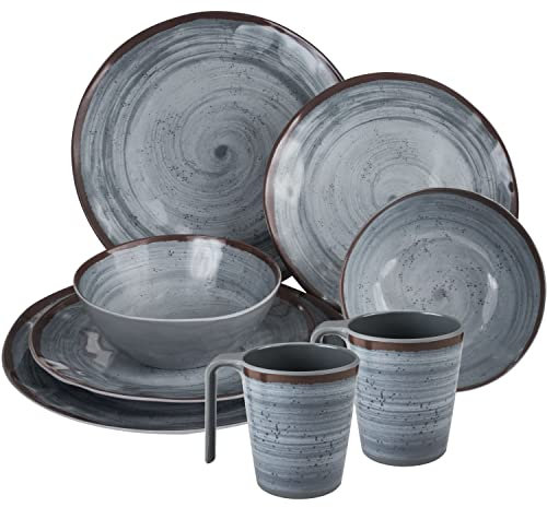 Camping Geschirr Set aus Melamin für 2 Personen grau 8 Teile - mit Tellern und Tassen - Campinggeschirr
