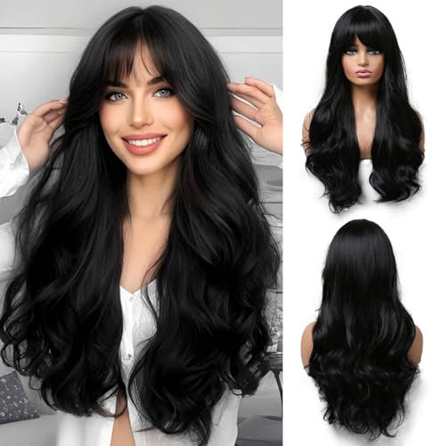 OUFEI Lange Gewellte Schwarze Perücken Mit Pony Für Frauen Natürliche Synthetische Haare Hitzebeständig Perücken Für Tägliche Party Cosplay Tragen-26 Zoll