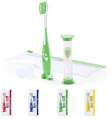 CEZARO - Set de brosse à dent vert pour enfant : Une brosse amusante avec ventouse + Un sablier de 2 min + Une trousse de rangement (Fident vert)