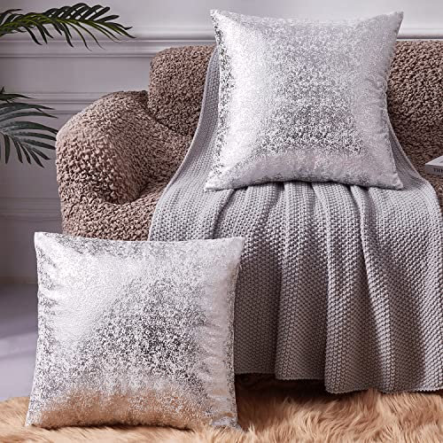 Silberne Wurfkissen, Set mit 2 weißen Kissenbezügen, 45.7x45.7 cm, Samt, dekorative quadratische Kissenbezüge mit Silber, für Heimdekoration, Schlafzimmer, Sofa, weiße und silberne Kissenbezüge