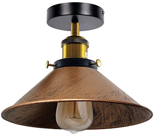Vintage Semi Flush Mount Ceiling Light with 22cm Brushed Copper Metal Cone Lampshade E27 Lamp Socket Light Fitting for Kitchen, Living Room, Bedroom, Hallway with Bulb