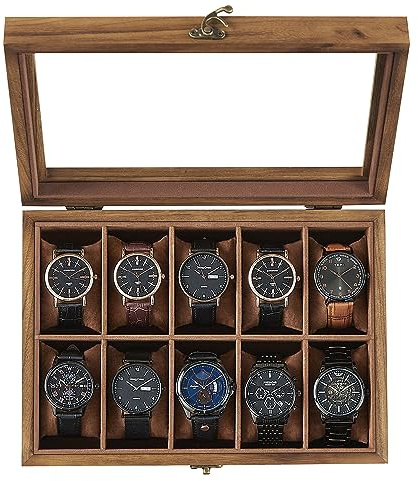 SONGMICS 10-Slot Watch Box, Watch Display Case with Large Glass Lid, Removable Pillows, Velvet Lining, Gift Idea, Rustic Walnut UJOW100K01