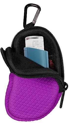 MEDMAX Neopren Tasche für Asthma Inhalator, Tragetasche mit Karabinerhaken und Netztasche innen, Reise-Holster Halter für L-förmigen Asthma-Inhalatoren (Lila)