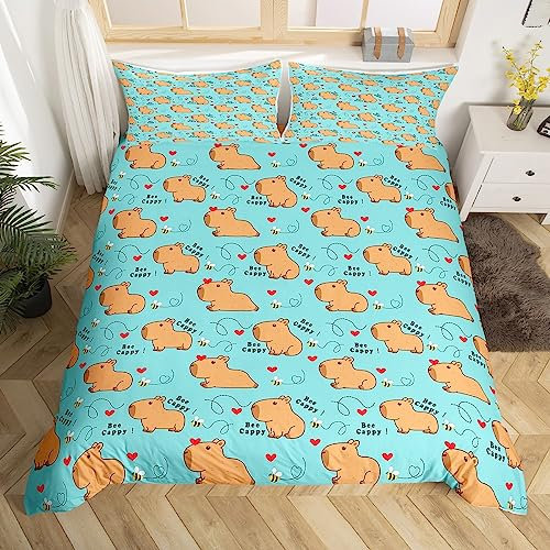 Süße Capybara Bettwäsche Sets 155x220 Kawaii Honig Biene Tröster Abdeckung,Cartoon Tiere Bett Rote Liebe Herz Druck Bettbezug,Biene Cappy Gedruckt Bettdecke Cover Blau Soft (Reißverschluss Verschluss)