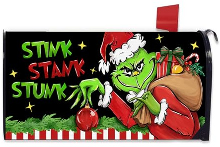 FBCOO Christmas Stink Stank Stunk Welcome Mailbox Cover Magnetic Standard Size 21 x 19, Xmas Gift Black Decorative Post Letter Box Wrap Decor, Funny Holiday Garden Yard Outdoor Decoration